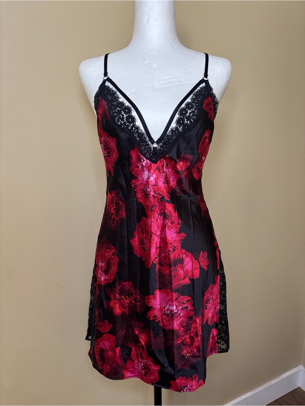 Victoria Secret Floral Lace Trim Satin Chemise - Black with Red Floral